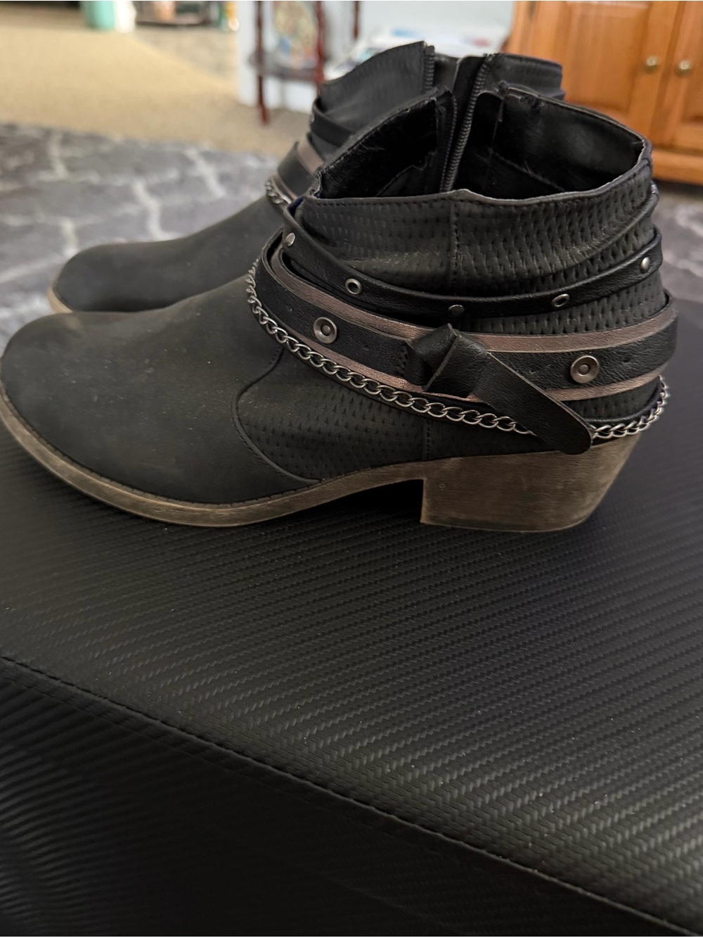 Black Ankle Boots with Decorative Straps - Women